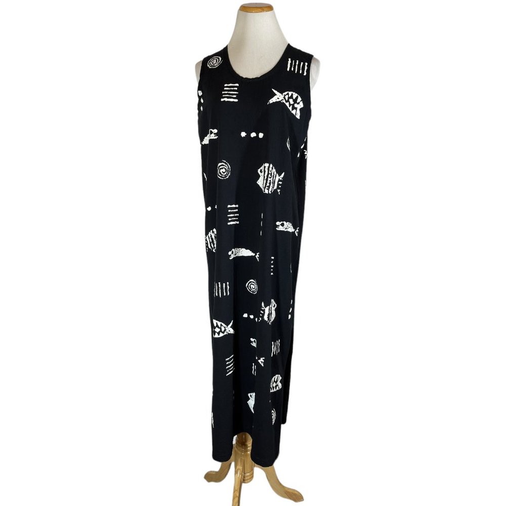 M Mac Size L Black Knit Tank Dress Sleeveless Artsy Fish Print